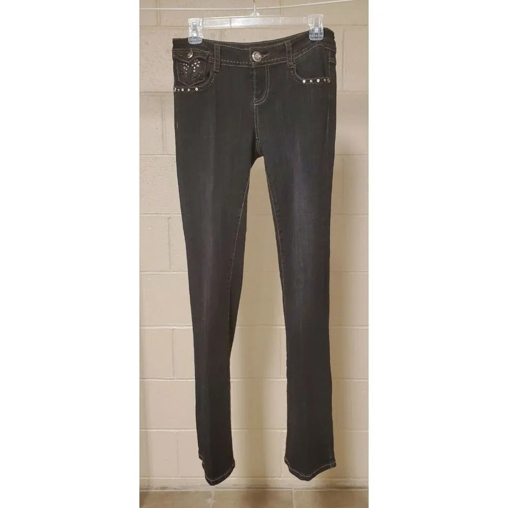 LA Idol Black Fancy Junior Flare Jeans Rhinestones Bling